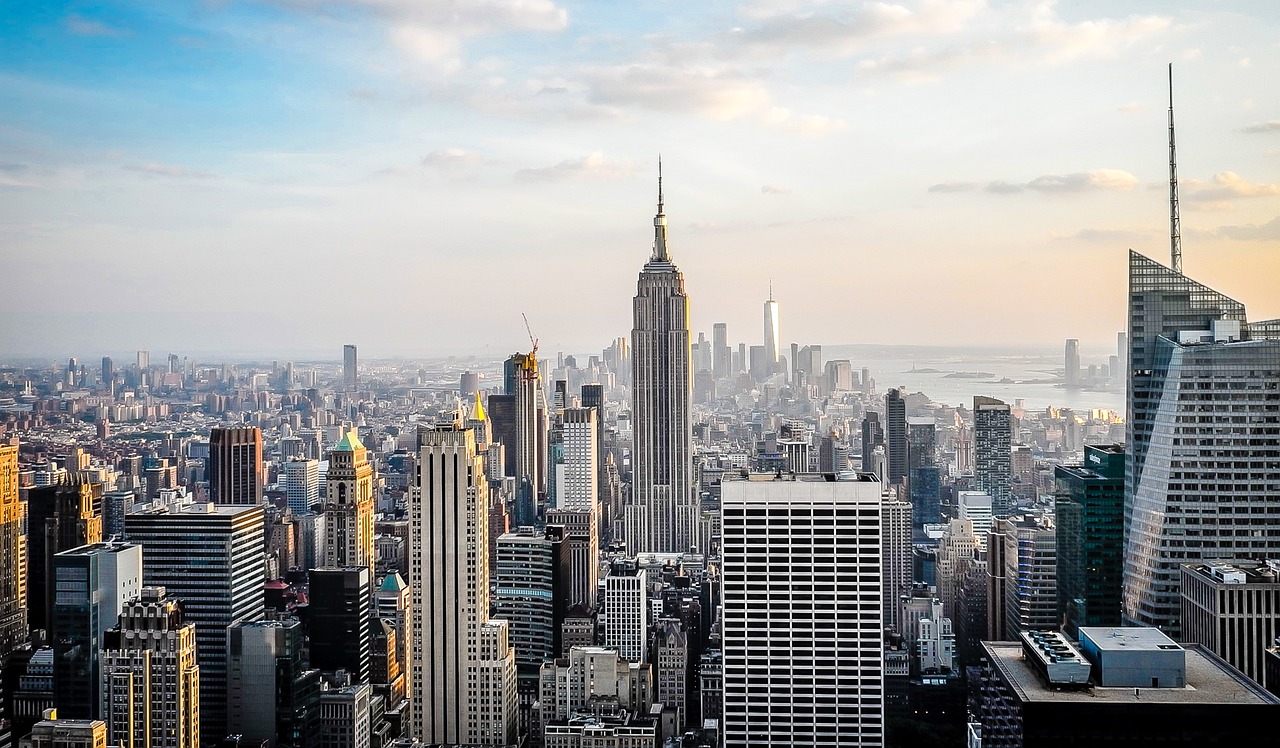 New York skyline with skyscrapers at night